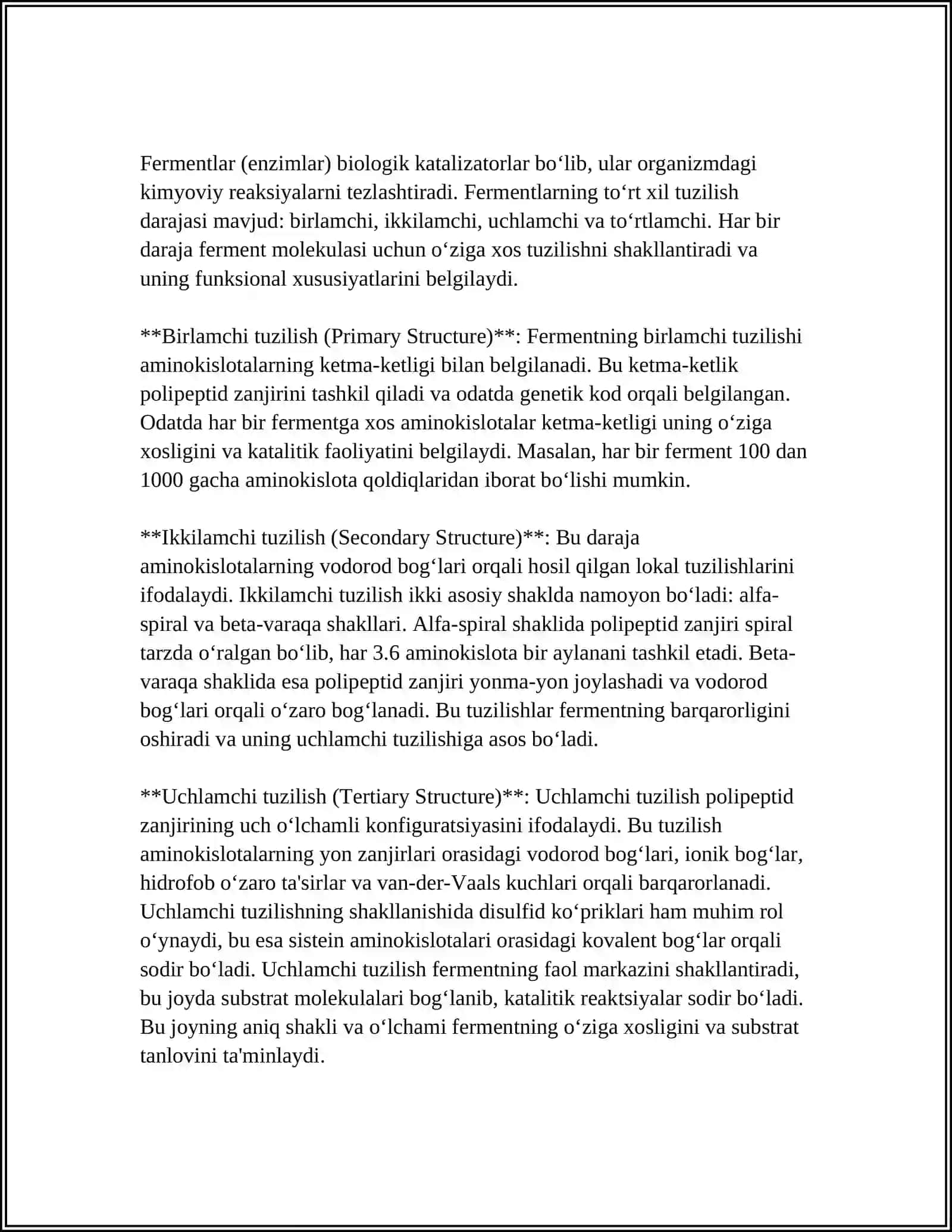 FERMENTLARNING TUZILISHI VA SPESIFIKLIGI. ALLOSTERIK FERMENTLAR 3