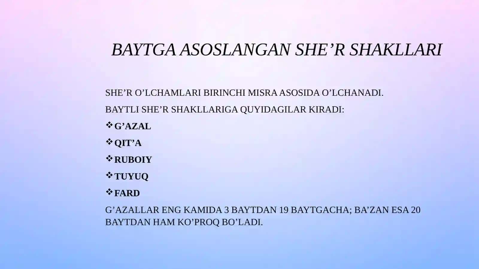 Baytga asoslangan, bandga asoslangan, bayt asosli bandga asoslangan she’r shakllari. 3