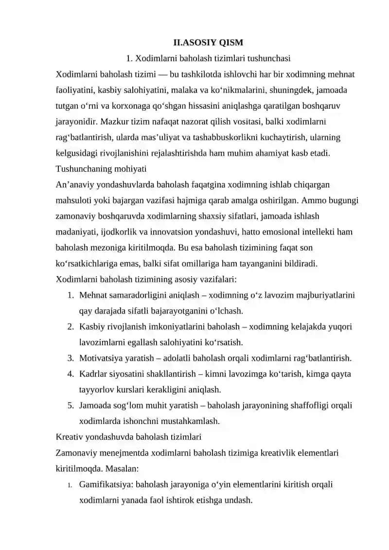 XODIMLARNI BAXOLASH TIZIMLARI VA METODLARINI O'RGANISH HAMDA MAVZUGA DOIR 3 TA MUOMMOLI VAZIYAT (KEYS) TAYYORLASH 3