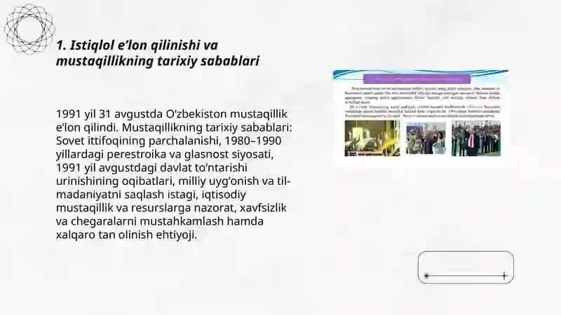 Mustaqil Oʻzbekiston Respublikasi tashkil topishining tarixiy ahamiyati. Oʻzbekistonning oʻziga xos istiqlol va taraqqiyot yoʻli. 3