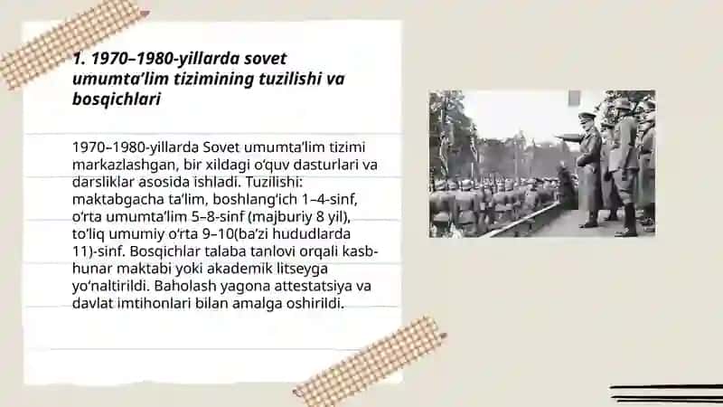 Совет таълим тизими 1970-1980-йилларда кандай ижобий ва салбий жихатларга эга булган? V. Горбачёв ислохотлари (1985-1991) 3
