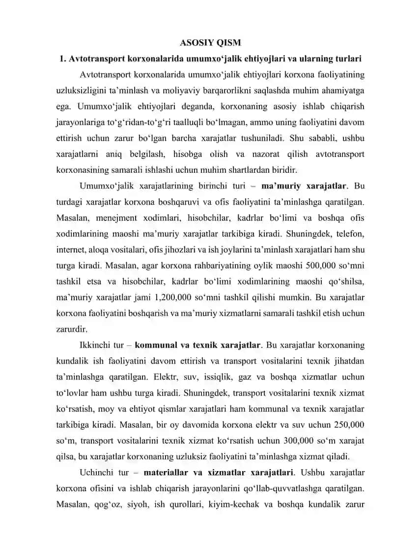 Avtotransport korxonalarida umumxo`jalik ehtiyojlari bo`yicha bo`nak hisoboti tuzish tartibi va mazmuni 3