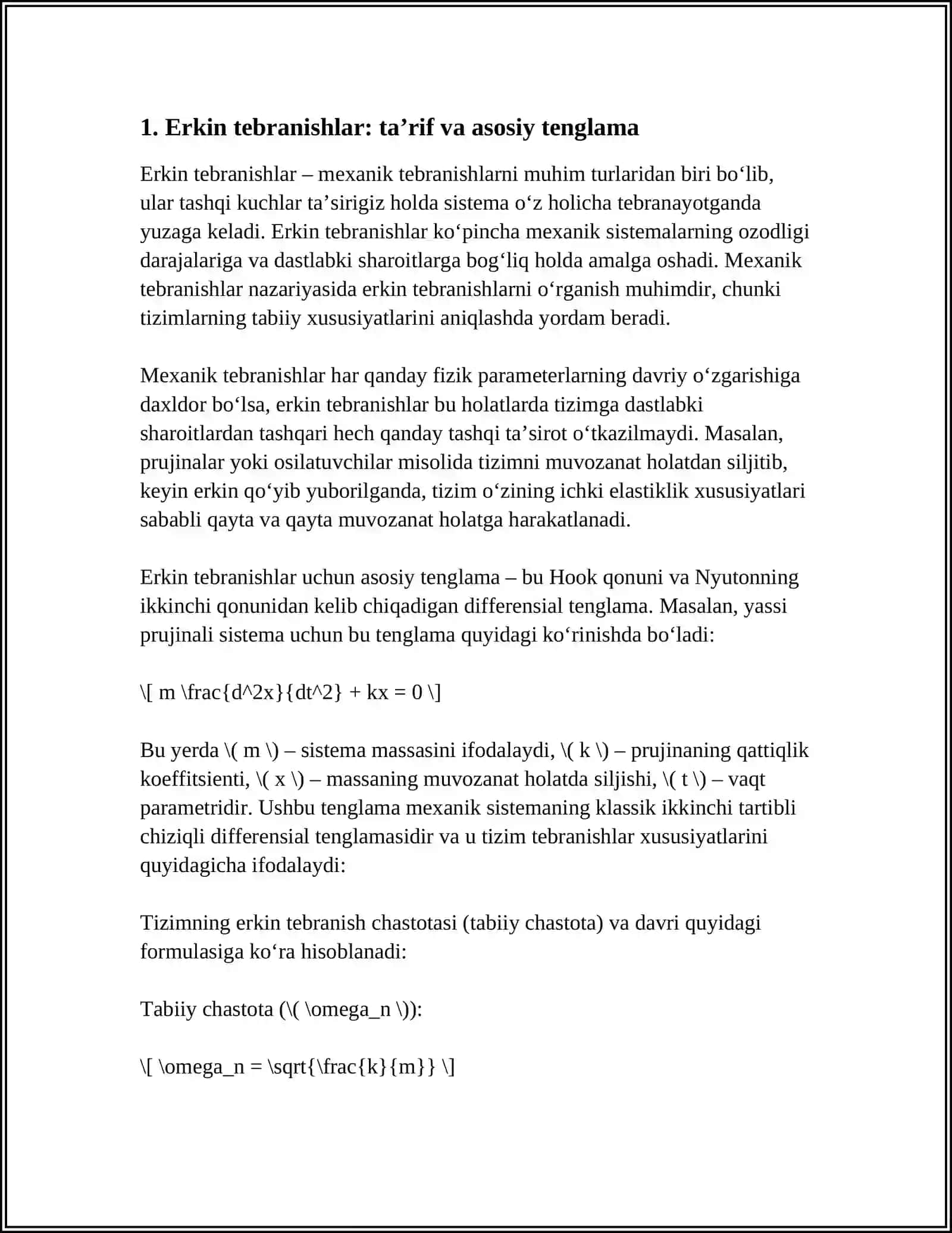 MEXANIK TEBRANISHLAR: ERKIN VA MAJBURIY TEBRANISHLAR 3