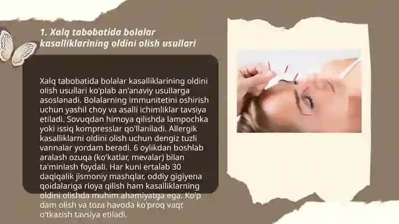 Xalq tabobatini pediatriya soxasidagi asosiy konsepsiyalarning axamiyati (fitoterapiya, manual terapiya, dietoterapiya, igna bilan davolash va boshqa noan’anaviy davolash usullarining nazariy va amaliy aspektlariga). 3