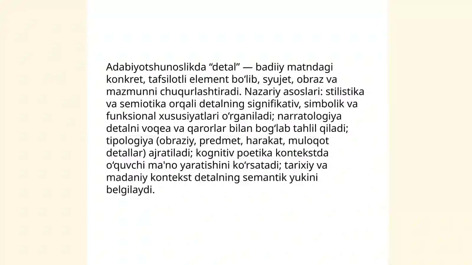 Adabiyotshunoslikning yordamchi sohalari, badiiy asarlarda detal mavzusi 3