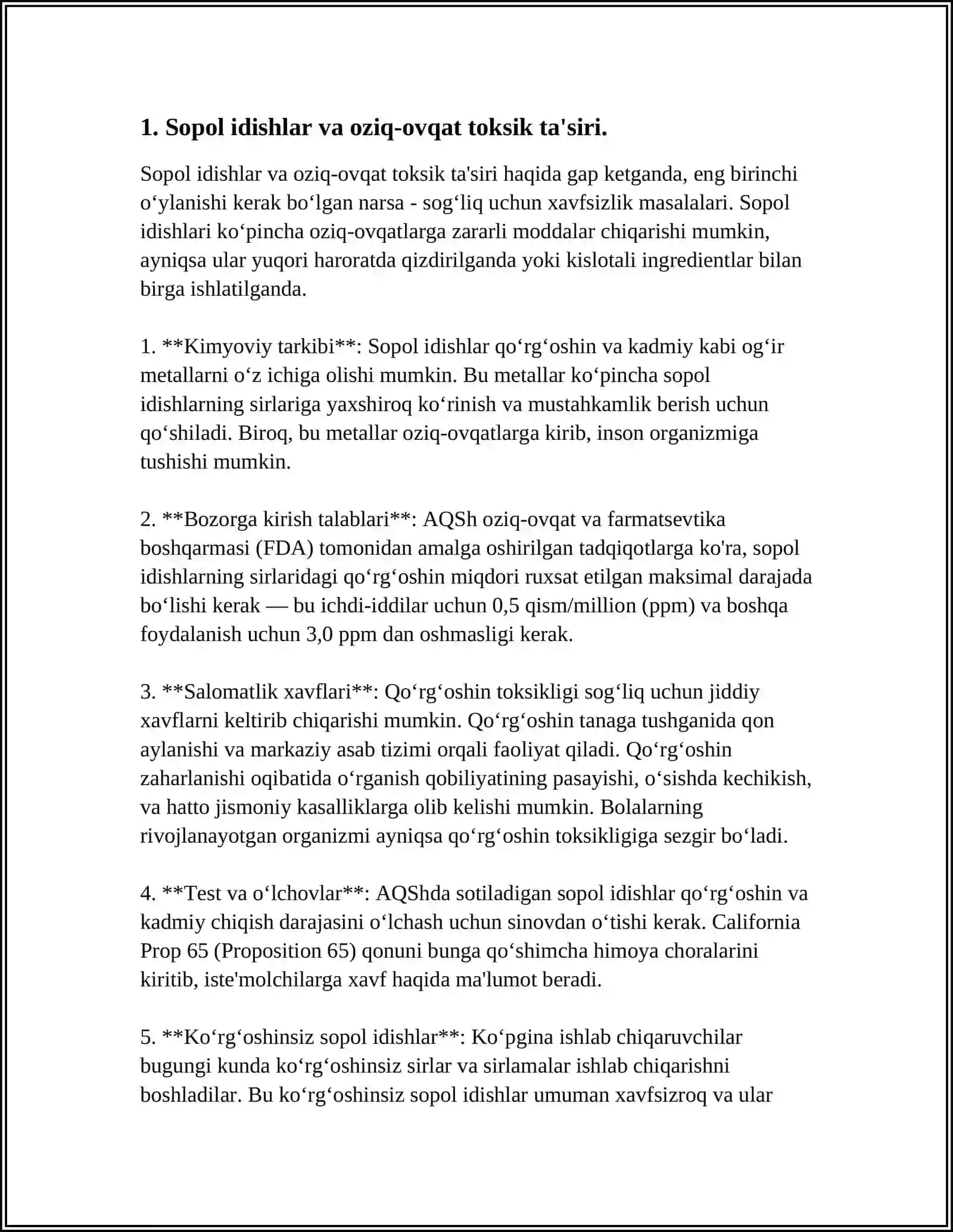 OZIQ OVQAT MAHSULOTLARI BILAN KONTAKDA BO‘LADIGAN IDISHLARNING TOKSIK TASIRINI O‘RGANISH 3