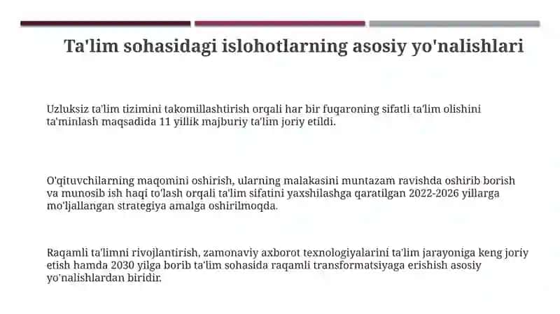 Ta'lim sohasida amalga oshirilayotgan o'zgarishlar 3