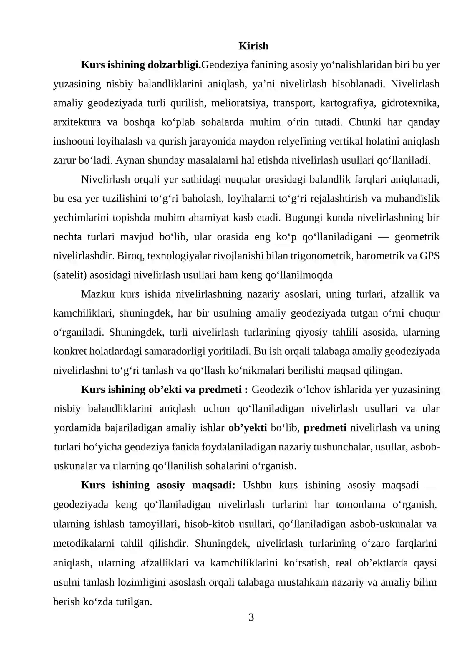 Nivelirlash va uning turlari: KURS ISHI 3