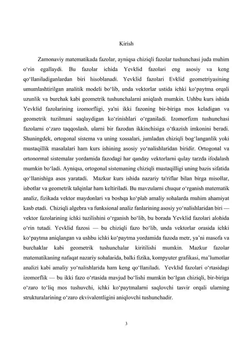 Yevklid fazolarining izomorfligi, ortogonal sistema va uning chiziqli bog’langanligi 3