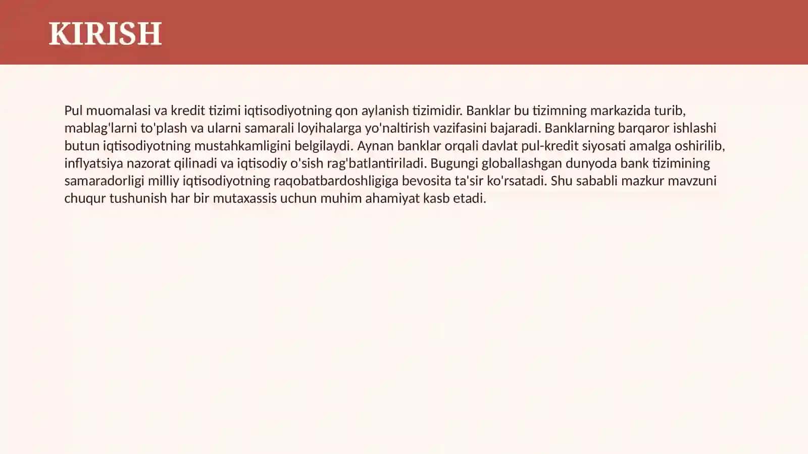 MOLIYA VA PUL KREDIT TIZIMI. BANKLAR VA ULARNING BOZOR IQTISODIYOTIDAGI ROLI 3