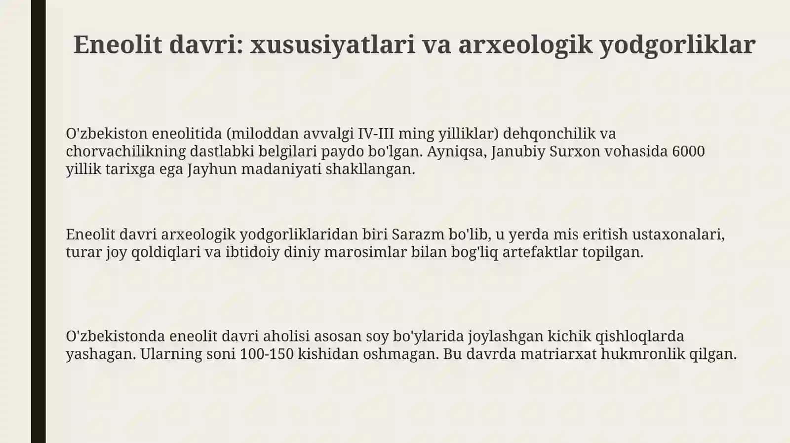 O'zbekiston hududida eneolit, bronza va ilk temir davrlarining xususiyatlari seminar mavzusi 3