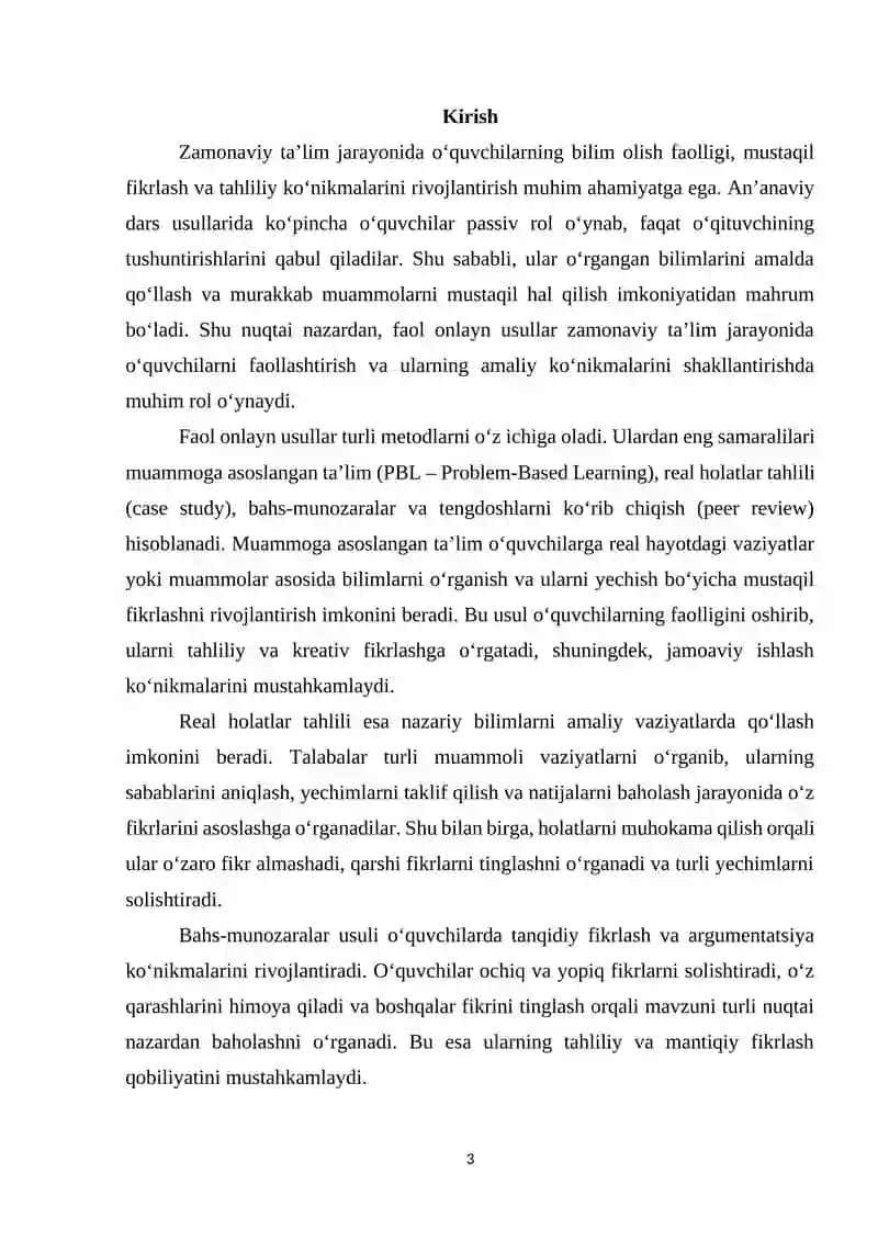 Mavzu: Faol onlayn usullar: PBL, holatlar, bahslar, tengdoshlarni ko‘rib chiqish 3