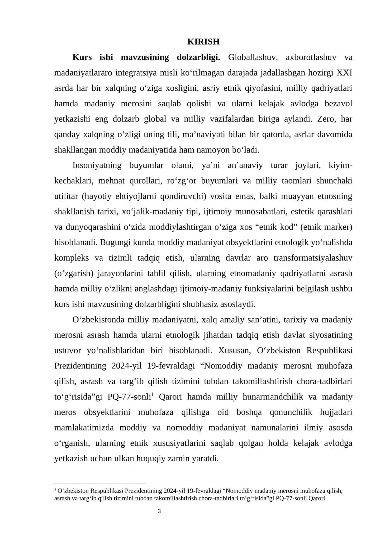 Moddiy madaniyatning etnologik yo‘nalishda tadqiq etilishi KURS ISHI 3