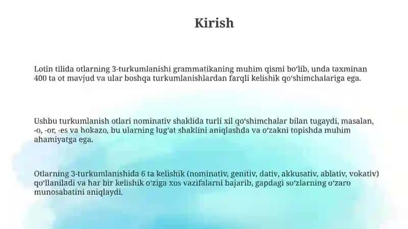Otlarning 3-turlanishi,lugʻat shakli,soʻz oʻzagi,kelishik qoʻshimchalari 3