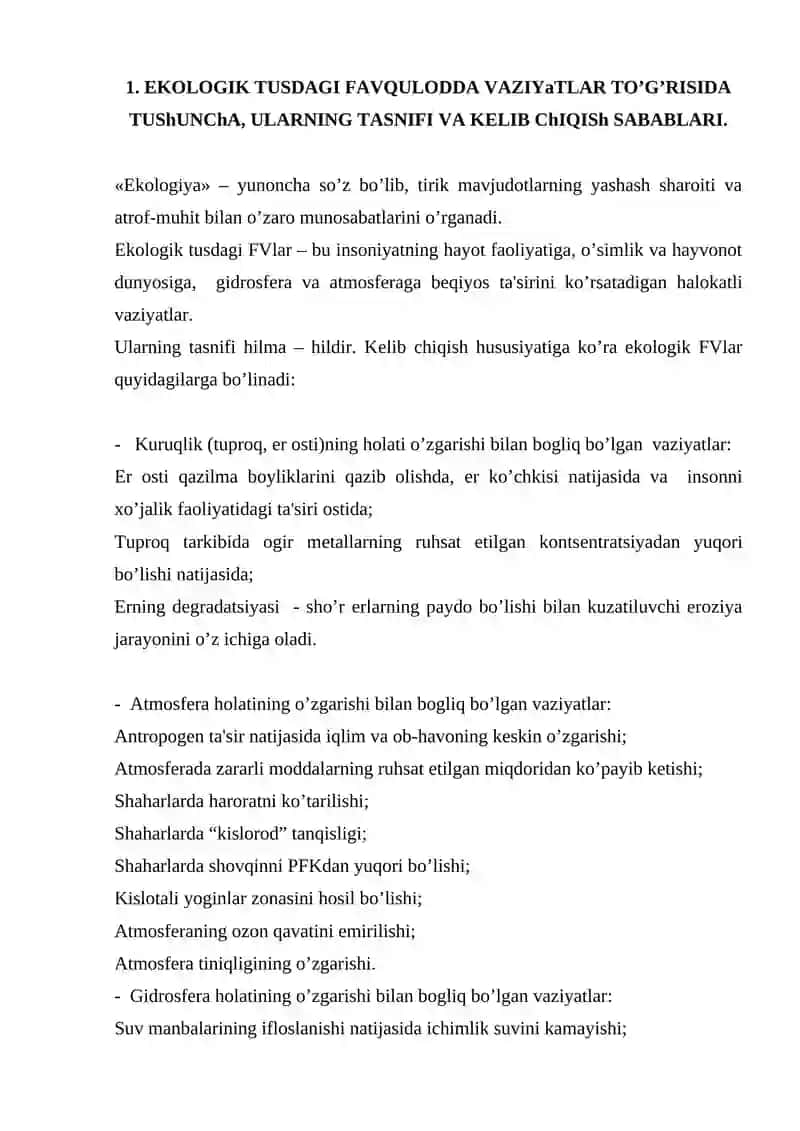 Ekologik tusdagi favqulodda vaziyatlar, ularning tasnifi va tavsifi 3