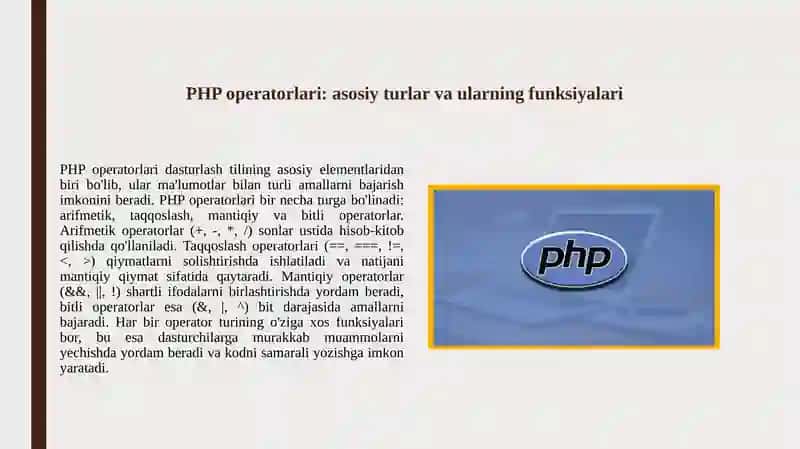 PHP Web dasturlash tili operatorlari ustida amallar. PHP Web dasturlash tilida zanjirlar bilan ishlash,zanjir elementlarini tartiblash va ularni boshqarish. 3