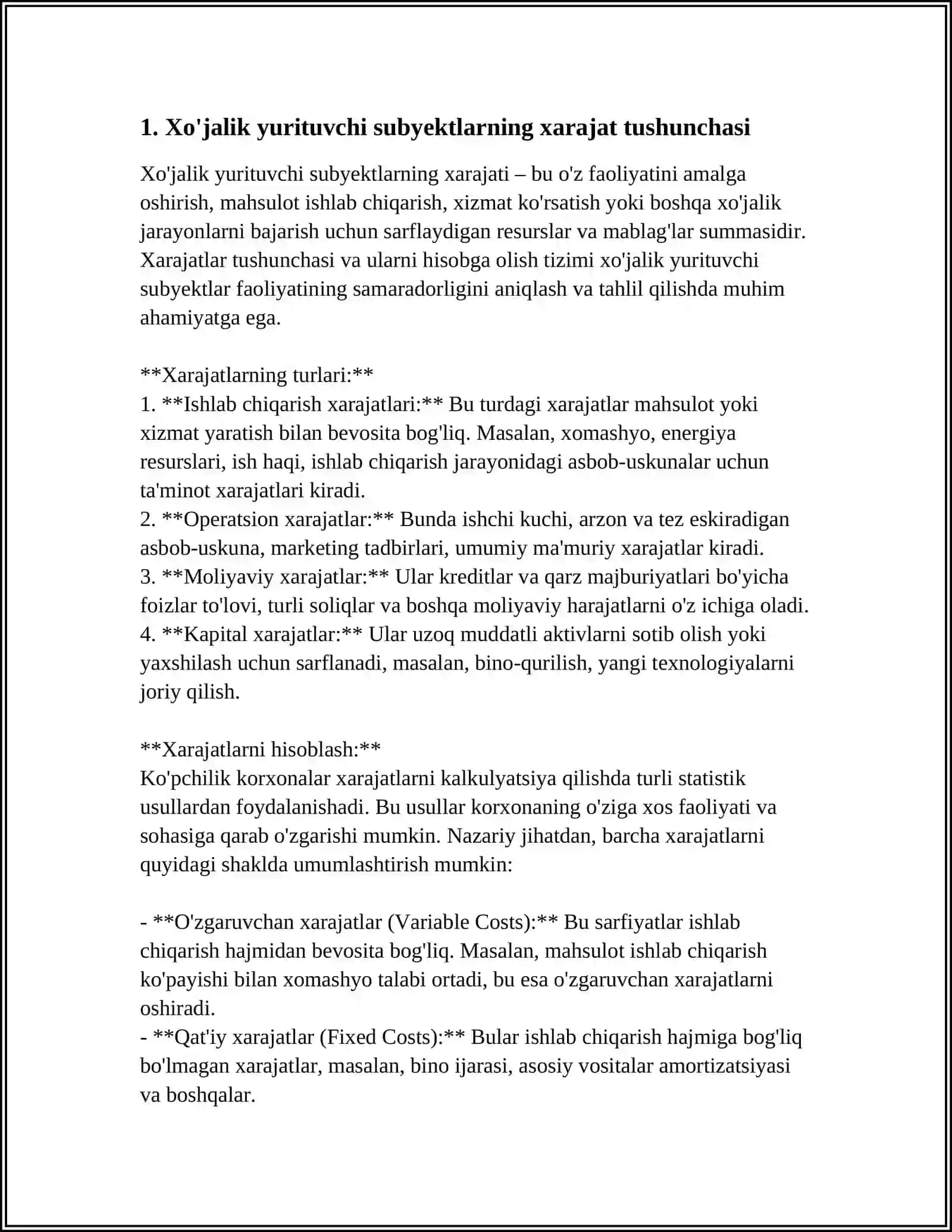 XO'JALIK YURITUVCHI SUBYEKTLARNING XARAJATLARI: MOHIYATI, TARKIBI, KLASSIFIKATSIYALANISHI VA SAMARADORLIGINI BAHOLASH 3