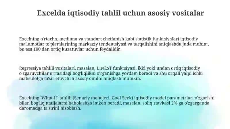 Iqtisodiy jarayonlarni tahlil qilishda Excel dasturidan foydalanish 3
