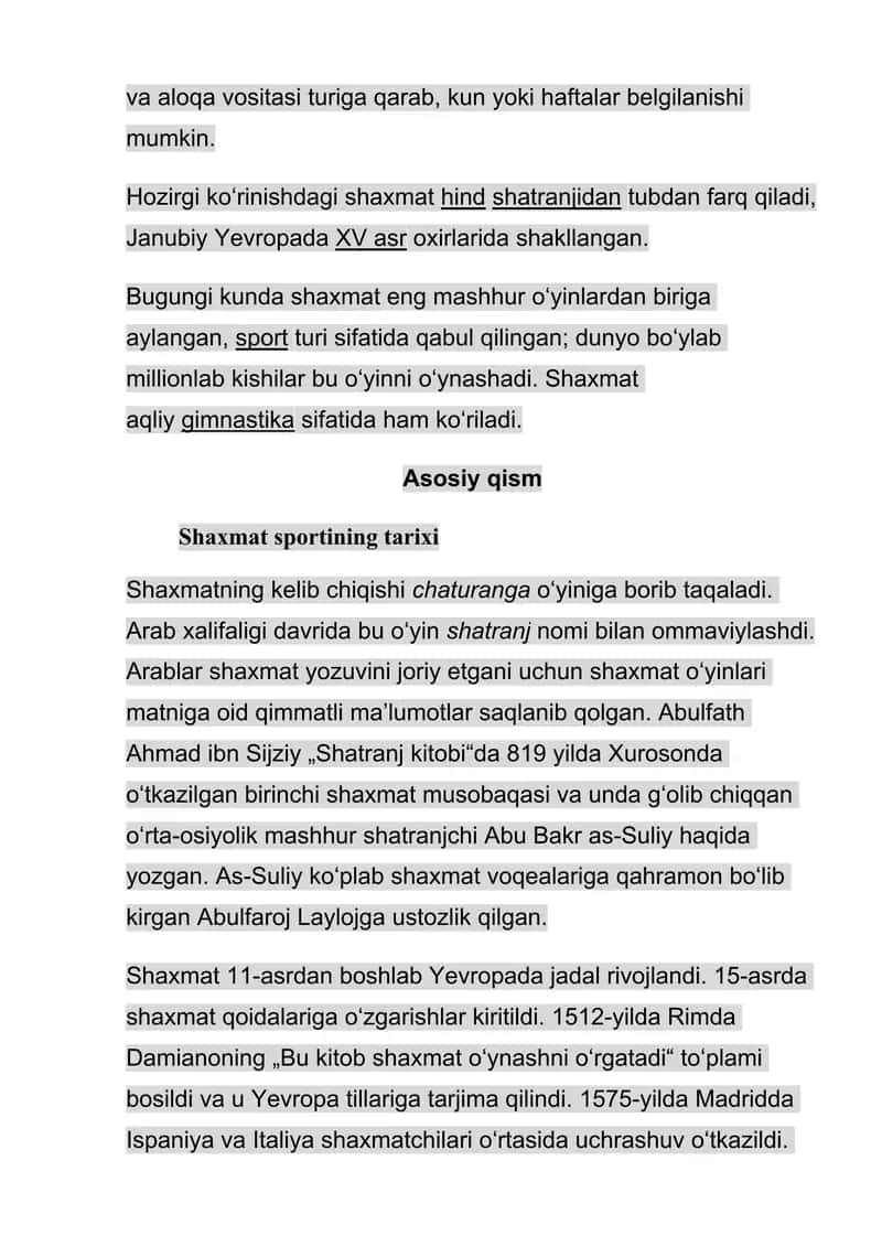 Shaxmat sport turini tarixi va xozirgi kunlardagi 3