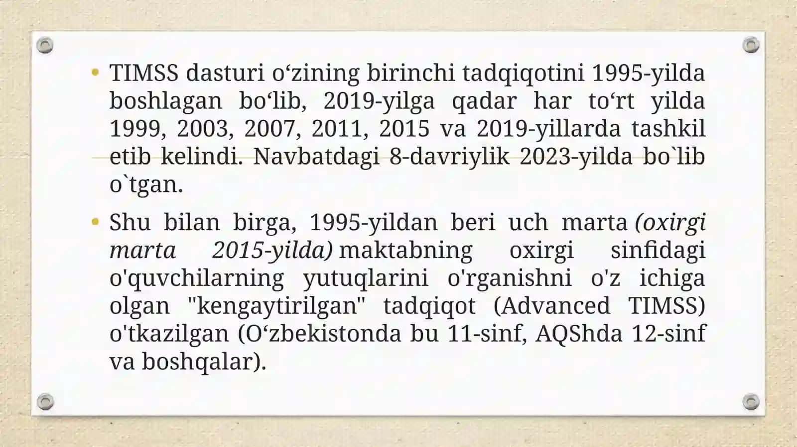 TIMSS baholash dasturining maqsadi, yoʻnalishlari, mazmun sohalari, kognitiv sohalar 3