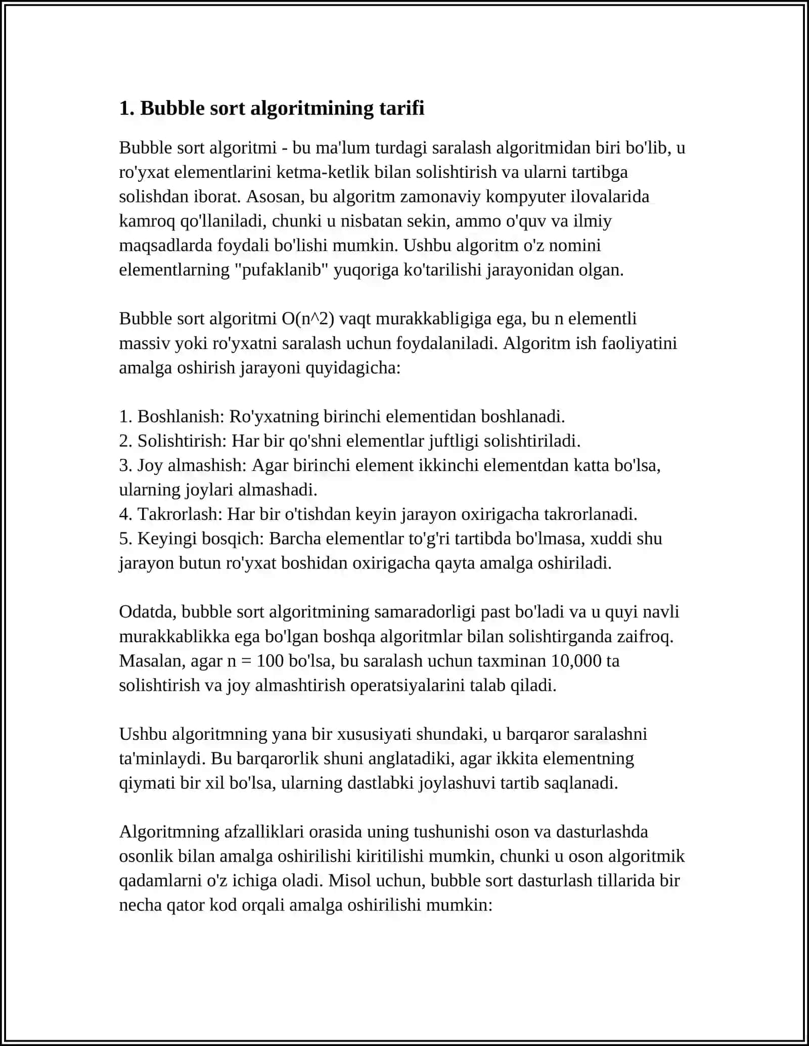 BUBBLE SORT ALGORITMI – KICHIK ELEMENTLARNI YUQORIGA CHIQARISH ORQALI SARALASH 3