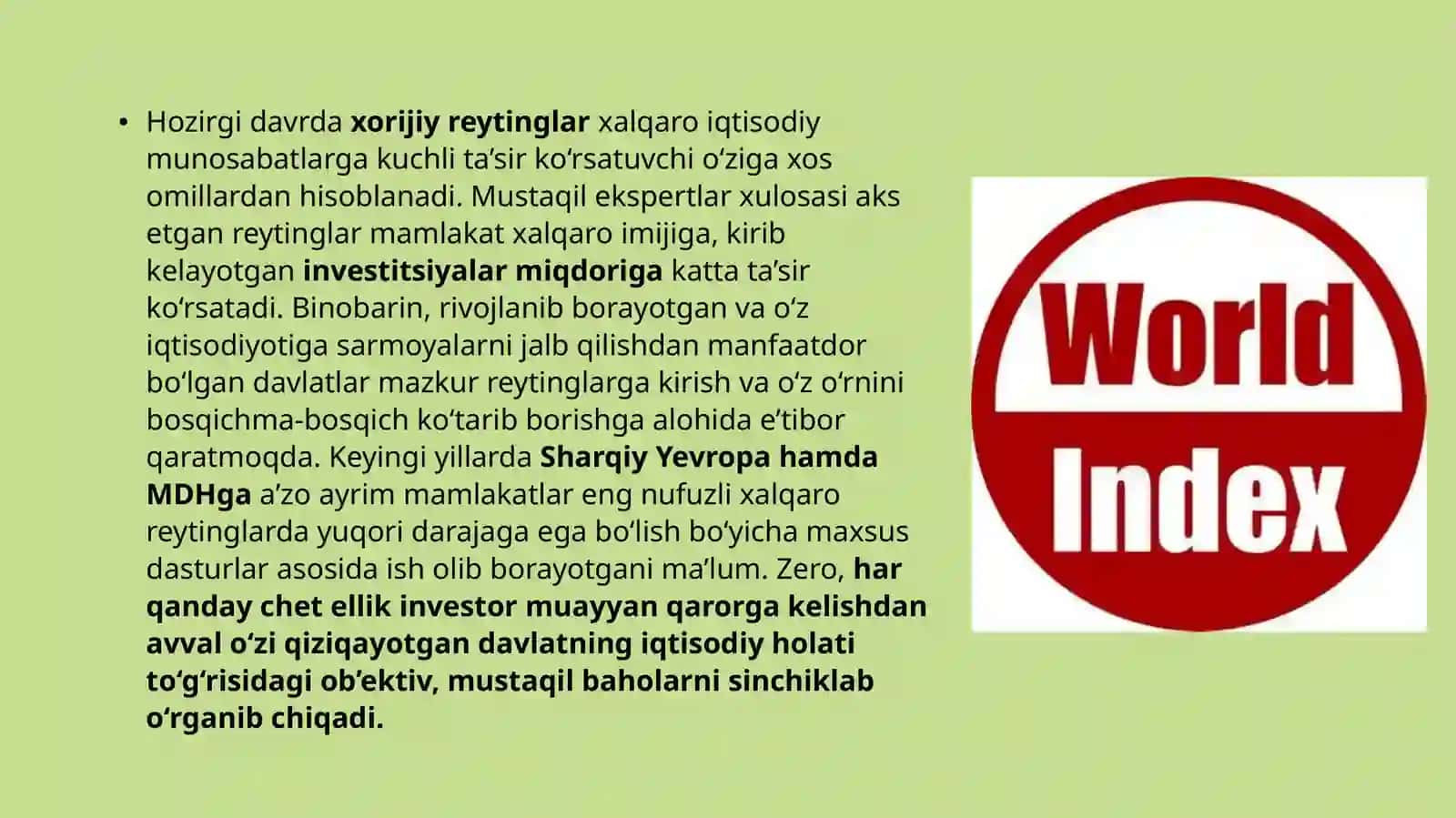 O‘ZBEKISTON RESPUBLIKASINING XALQARO REYTING VA INDEKSLARDAGI O‘RNI VA NUFUZINI ORTIB BORISHI 3