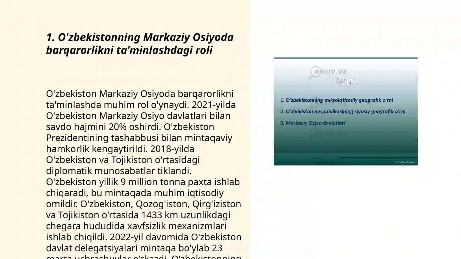 O'zbekistonning Markaziy Osiyoda tinchlik va barqarorlikni ta’minlashdagi o'rni 3