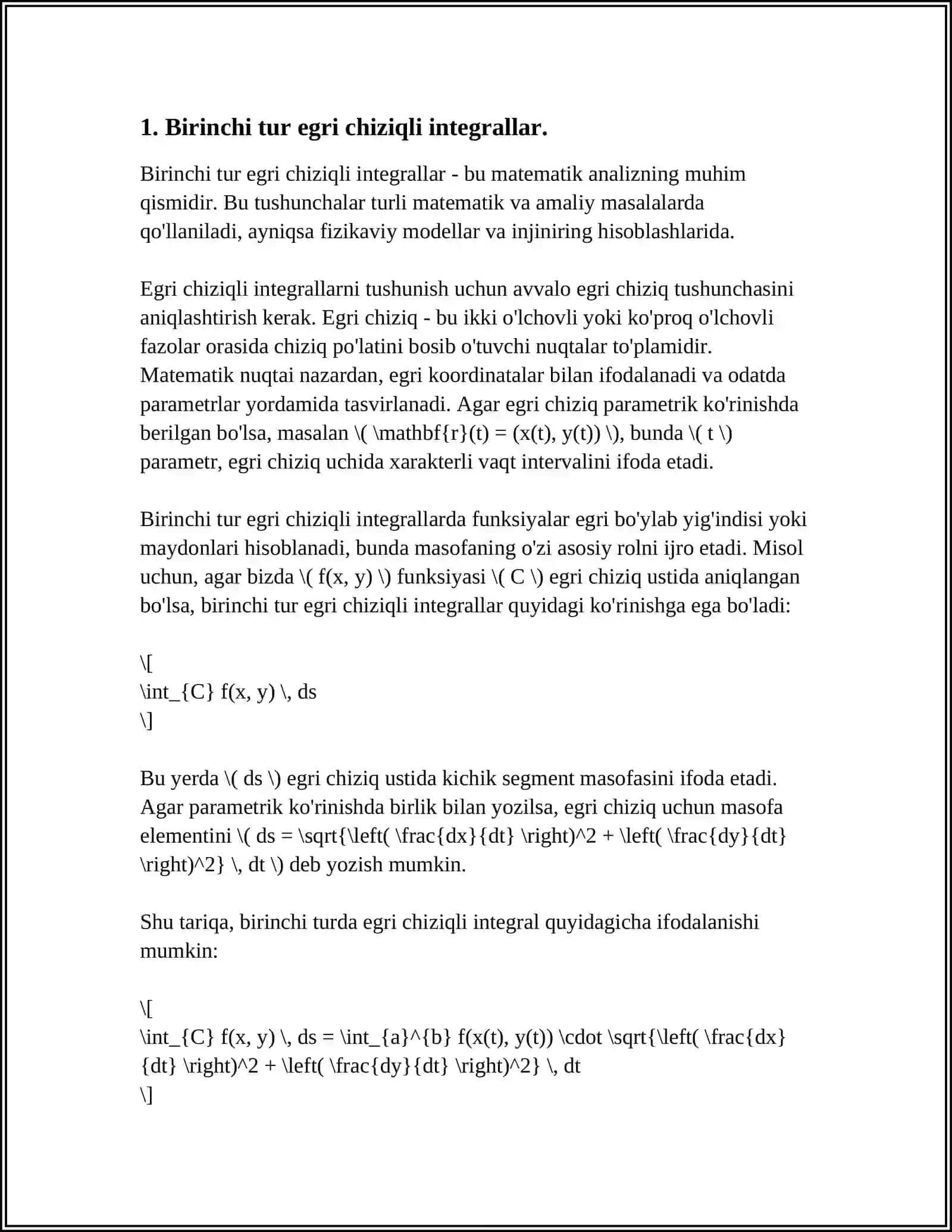 BIRINCHI VA IKKINCHI TUR EGRI CHIZIQLI INTEGRALLAR ORASIDAGI BOGʻLANISH. OSTROGRDSKIY-GRIN FORMULANING TADBIQLARI 3