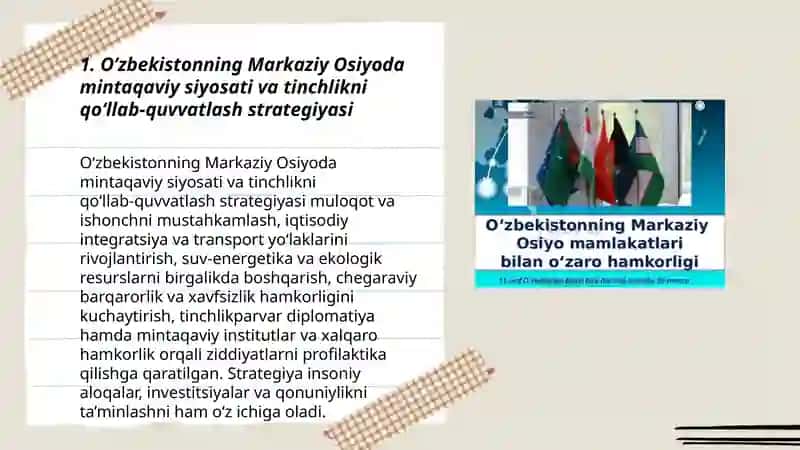 O’zbekistonning Markaziy Osiyoda mintaqaviy siyosati va tinchlikni qo‘llab‑quvvatlash strategiyasi 3