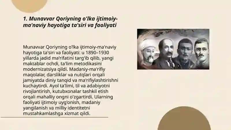 Jadid ma'rifatparvarlarining o'lka ijtimoiy-ma'naviy hayotida tutgan o'rni (Munavvar Qori, Fitrat, Behbudiy, Avloniy va boshqalar) 3