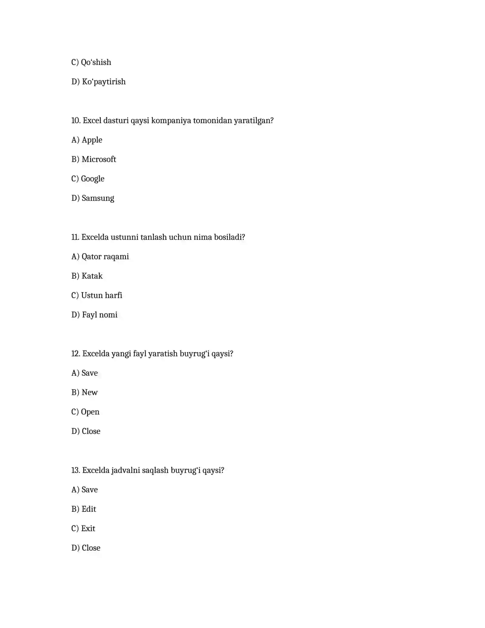Excel fanidan test (20 ta savol) 3