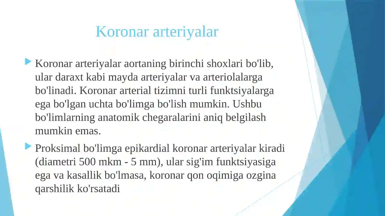 Koronar qon aylanishining xususiyati.QSX va QMX aniqlash usullari 3