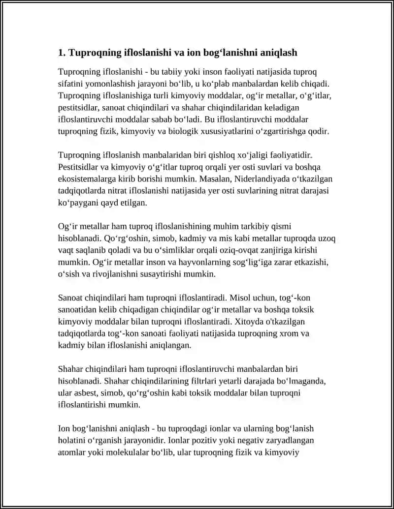 TUPROQ, SUVNING IFLOSLANISHIDA ION BOG‘LANISHLI BIRIKMALARNI ANIQLAB ULARDAN TOZALASH G‘OYASINI ISHLAB CHIQISH 3