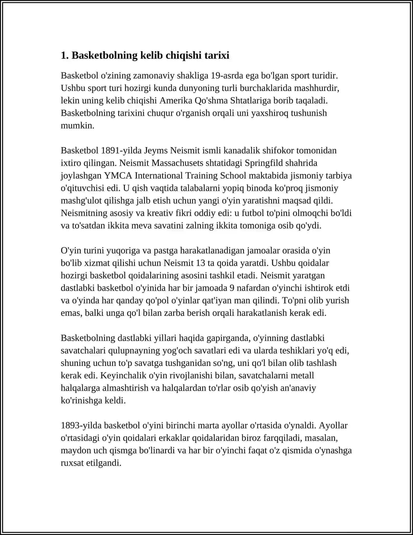 BASKETBOLNI JIVOJLANISH TARIXIGA UMUMIY TAVSIF BERING 3