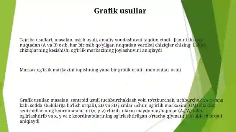 Jismlarning ogʻirlik markazini aniqlash usullari 3