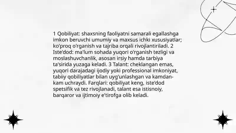 Qobiliyat, iste'dod va talant tushunchalarining ta'rifi va farqlari 3