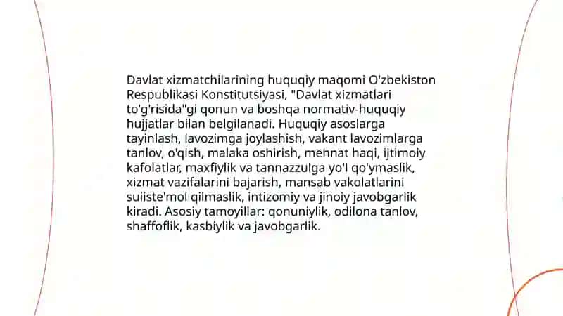 Davlat xizmatlarining huquqiga majburiyatlari Davlat boshqaruvidagi oʻrni maqsadi va majburiyatlari 3