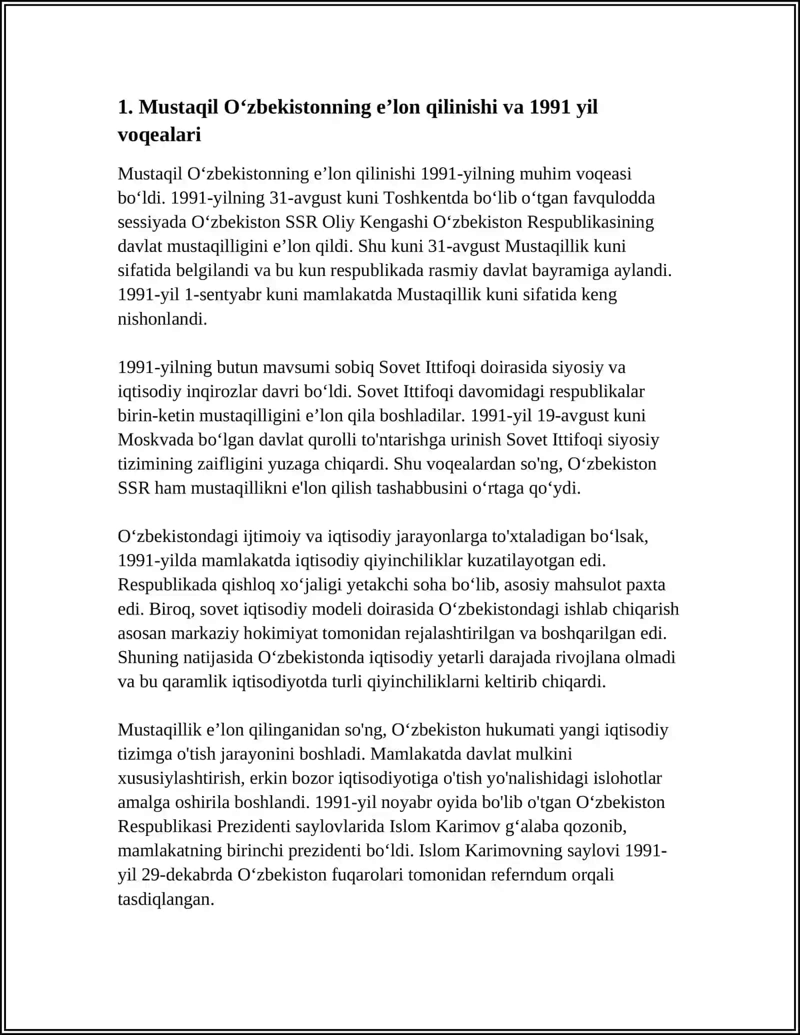 MUSTAQIL OʻZBEKISTON RESPUBLIKASINING TASHKIL TOPISHI VA UNING TARIXIY AHAMIYATI 3