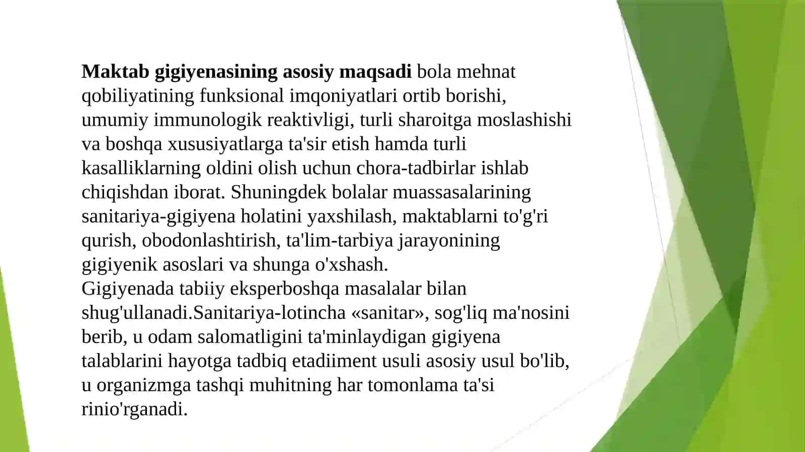 Maktabda o`qitish va tarbiyalash sharoitlarini gigiyenik optimallashtirish asoslari. 3