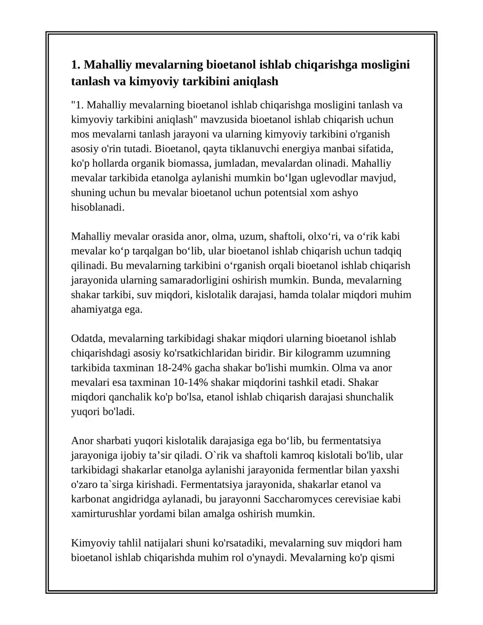 MAHALLIY MEVALARDAN BIOETANOL ISHLAB CHIQARISH TAJRIBASI 3