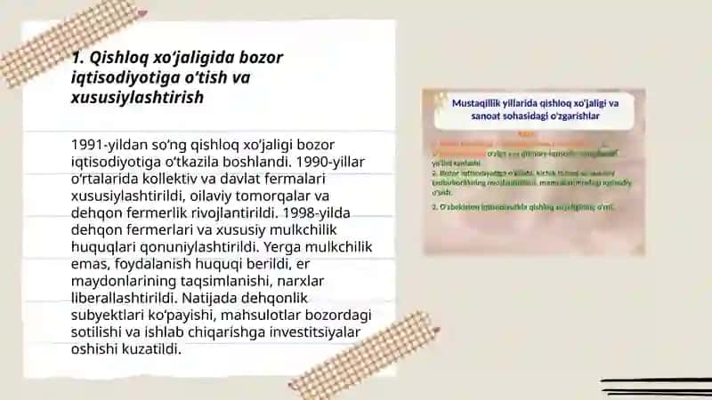 Mustaqillik yillarida qishloq xo‘jaligi va sanoat sohasidagi o‘zgarishlar 3