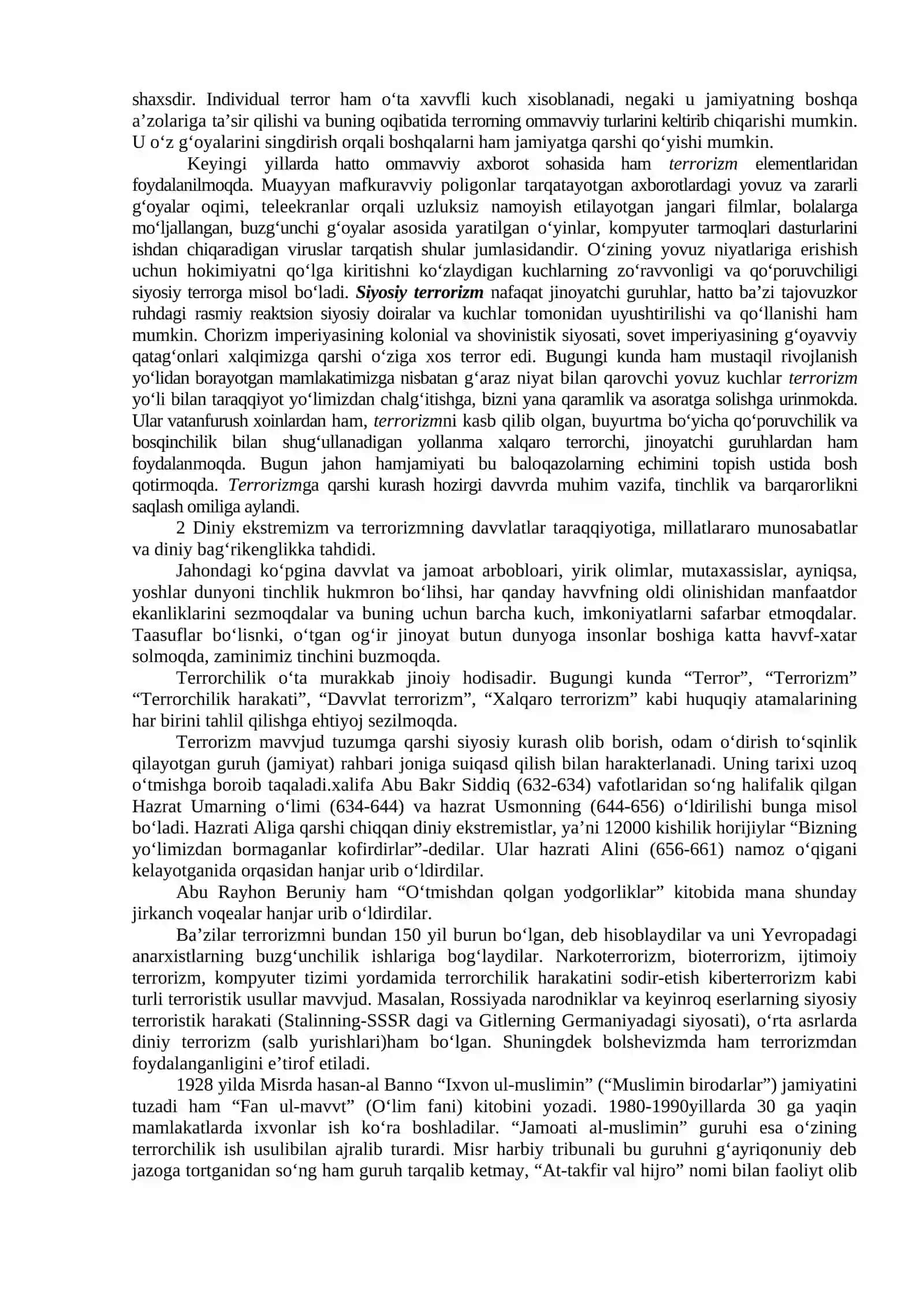 12-mavzu. Diniy fanatizm, ekstremizm, fundamentalizm, terrorizmning tarixi va ularning hozirgi davrda xavfsizlikga tahdidi 3