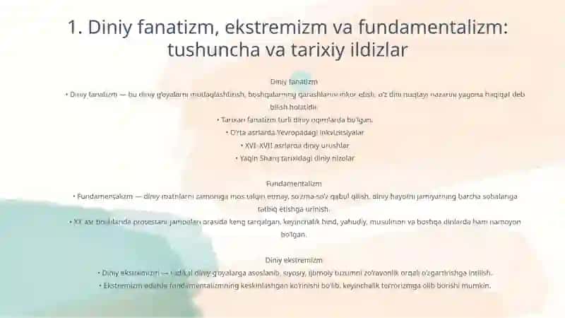 Diniy fanatizm, ekstremizm, fundamentalizm va terrorizmning tarixi va hozirgi davrda xavfsizlikga tahdidi. 3