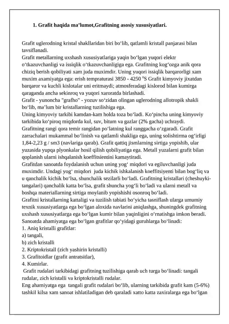 Grafit rudalarini boyitish texnologiyasi mustaqil ish 3