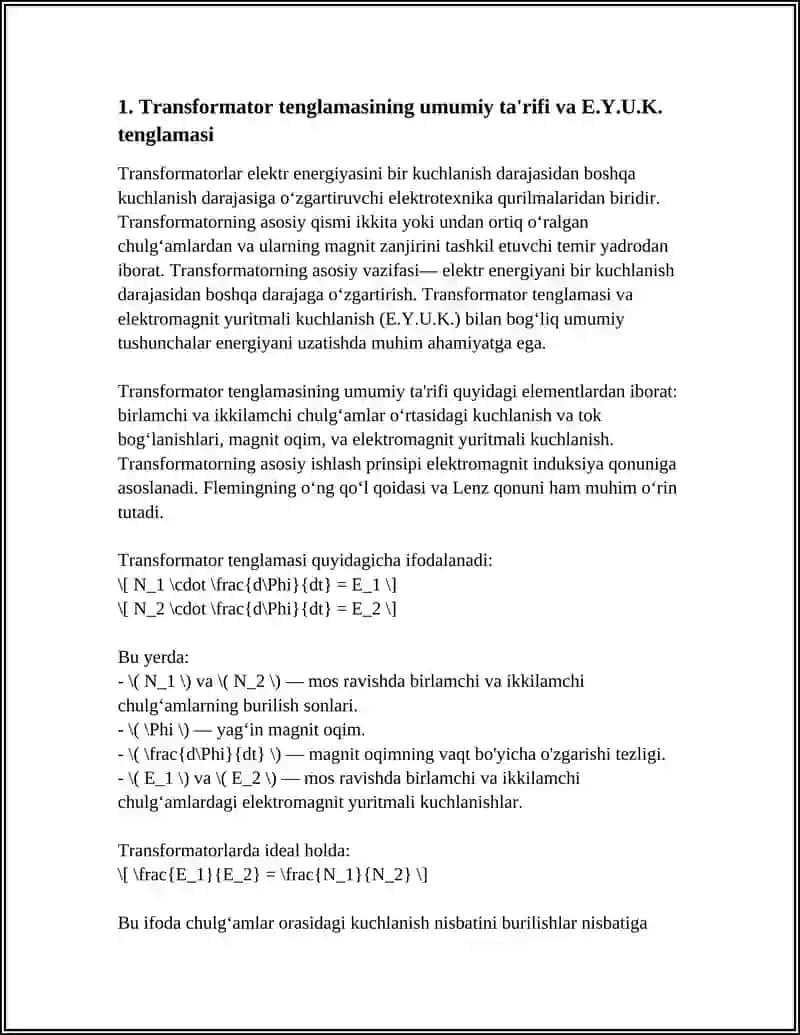 TRANSFORMATOR TENGLAMASINING E.Y.U.K. TENGLAMASI. KELTIRILGAN CHULG’AMLI TRANSFORMATORLARNING VEKTOR DIAGRAMMASI 3
