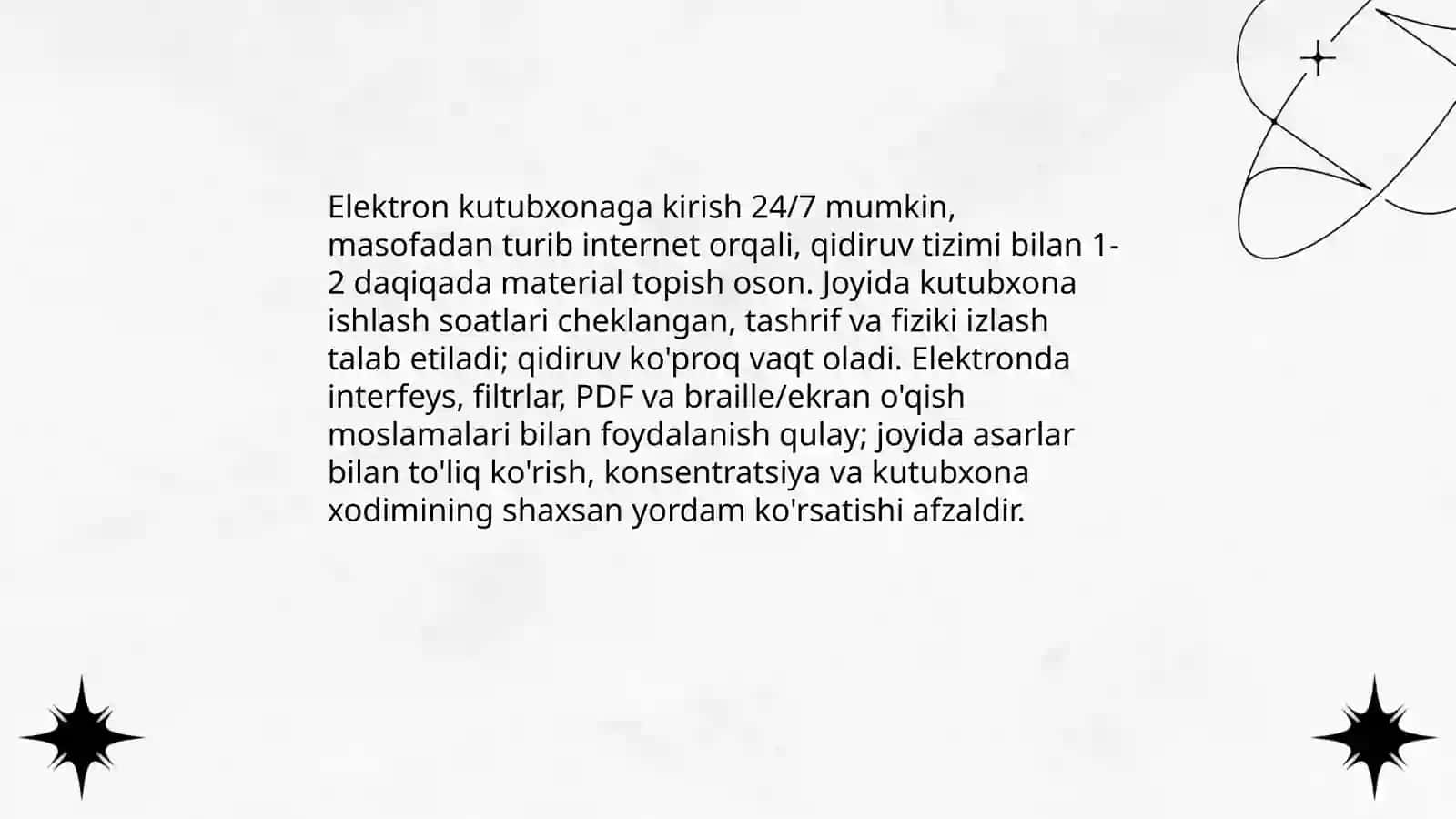 Elektron kutubxona va anʼanaviy kutubxona farqi 3