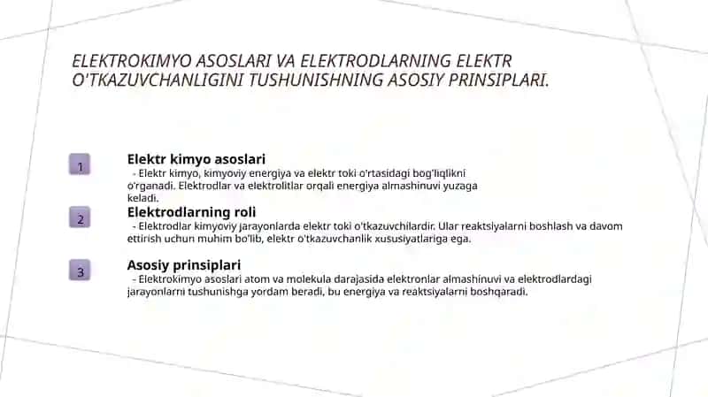 Elektr kimyo asoslari va elektrodlarning elektr o'tkazuvchanligi 3