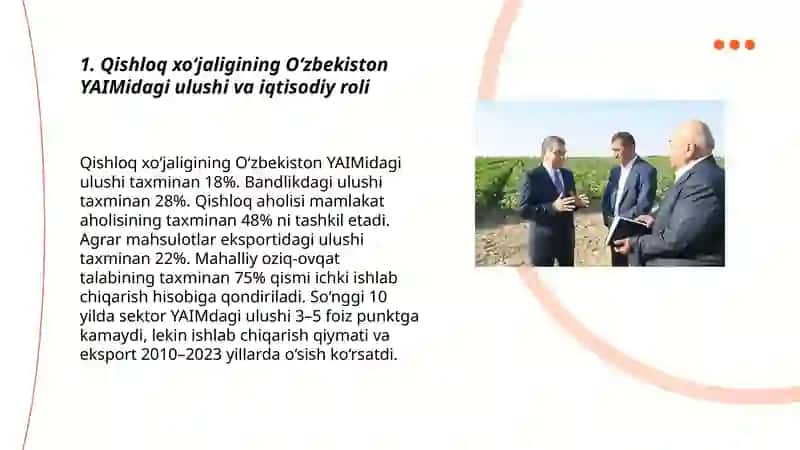 O‘zbekiston iqtisodiyotida qishloq xo‘jaligining o‘rni. Agrar islohotla 3