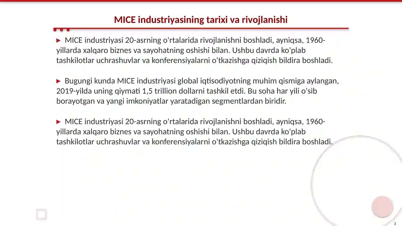 MICE industriyaning asosiy segmentlari: Meetings, Incentives, Conferences, Exhibitions 3