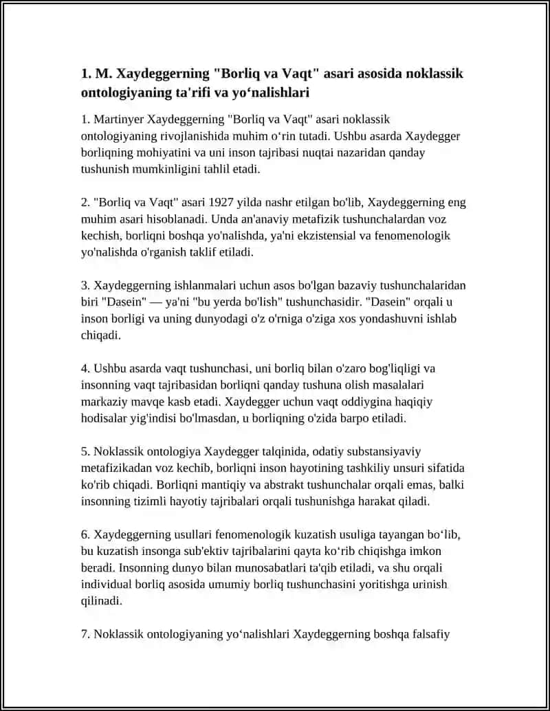 NOKLASSIK ONTOLOGIYANING YONALISHLARI VA MOHIYATI BOYICHA M XAYDEGGERNING BORLIQ VA VAQT ASARI ASOSIDA 3
